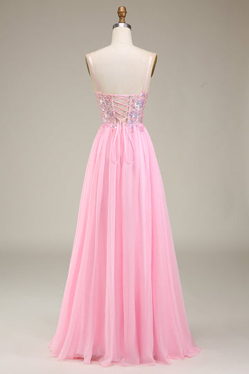 Pink Corset Spaghetti Straps A-Line Ball Dress with Pleated